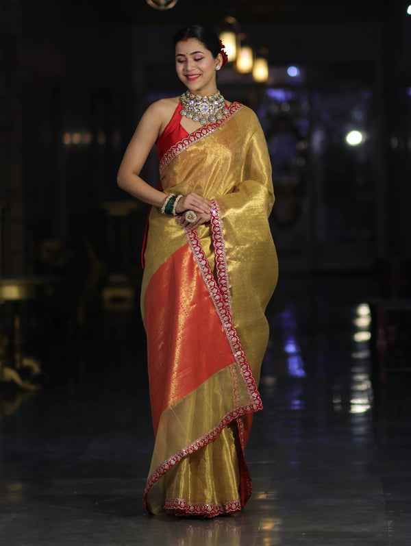 Banarasee Handwoven Tissue Saree With Zari Weaving Design & Lace-Golden Yellow