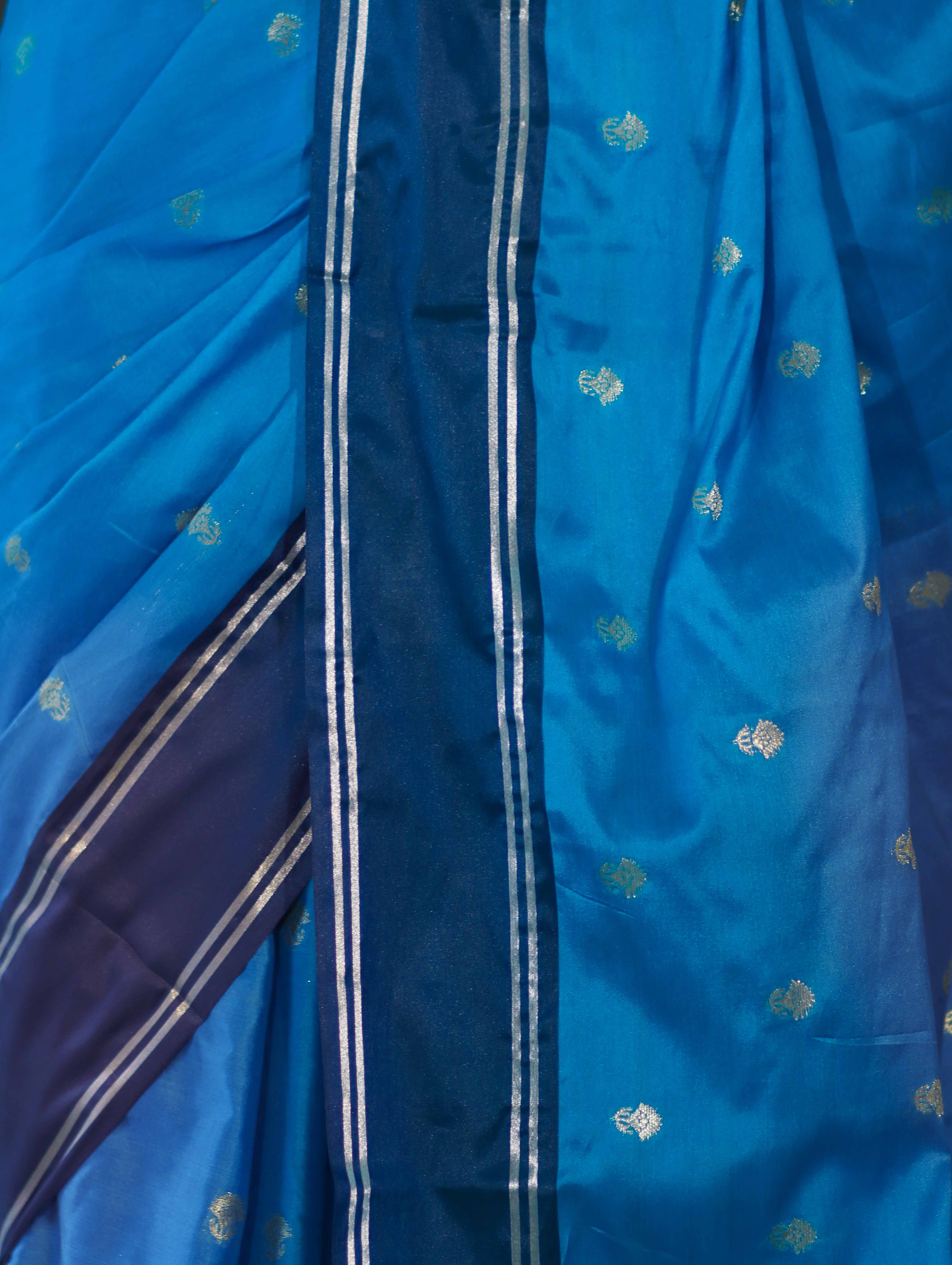 Banarasee Handloom Semi Silk Saree With Zari Design & Contrast Border-Blue