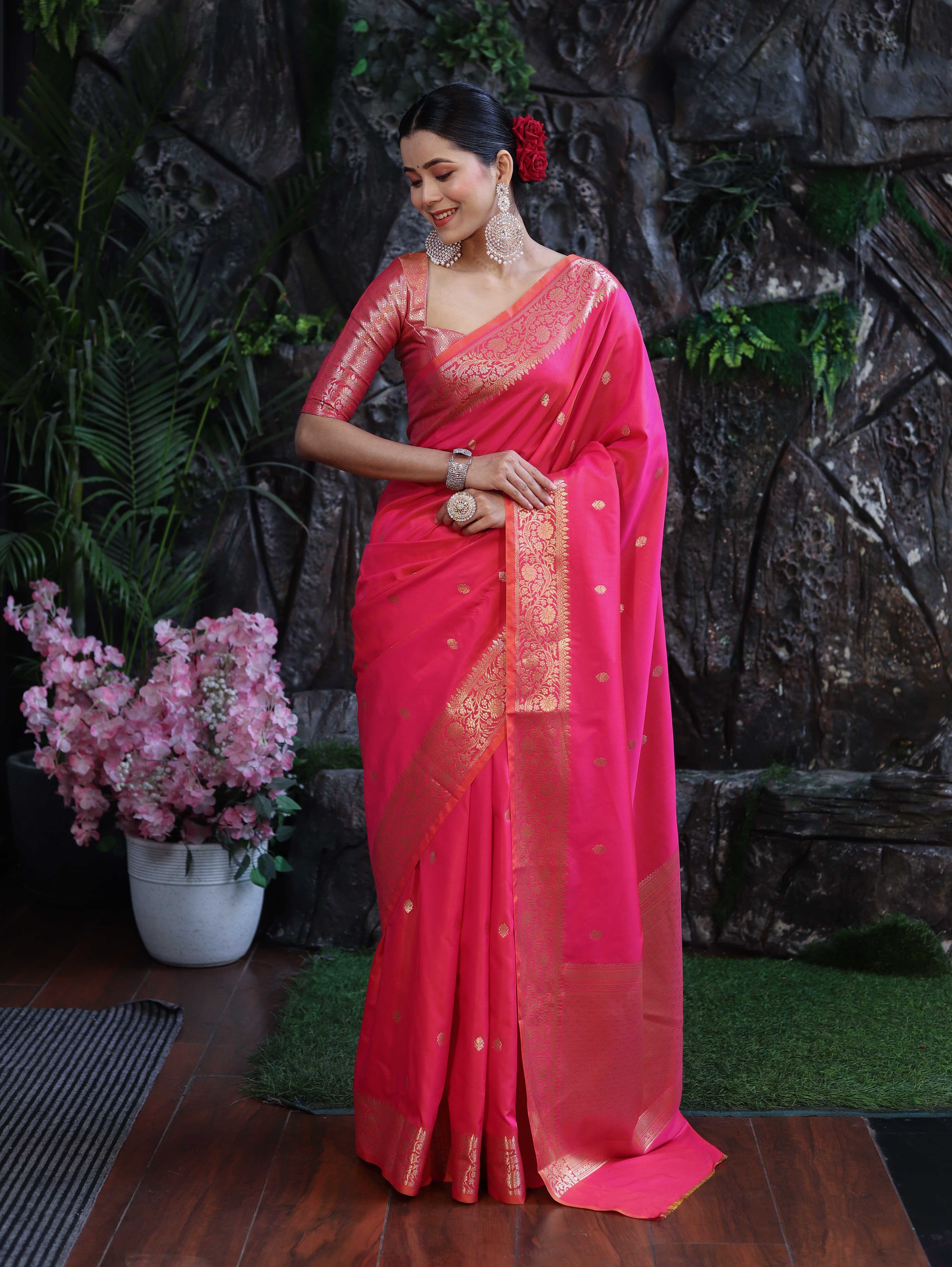 Banarasee Handloom Dual Shade Semi Silk Saree With Zari Buti Work & Border-Hot Pink