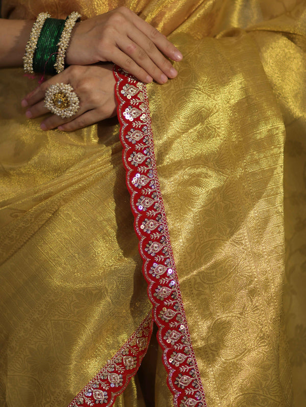 Banarasee Handwoven Tissue Saree With Zari Weaving Design & Lace-Golden Yellow