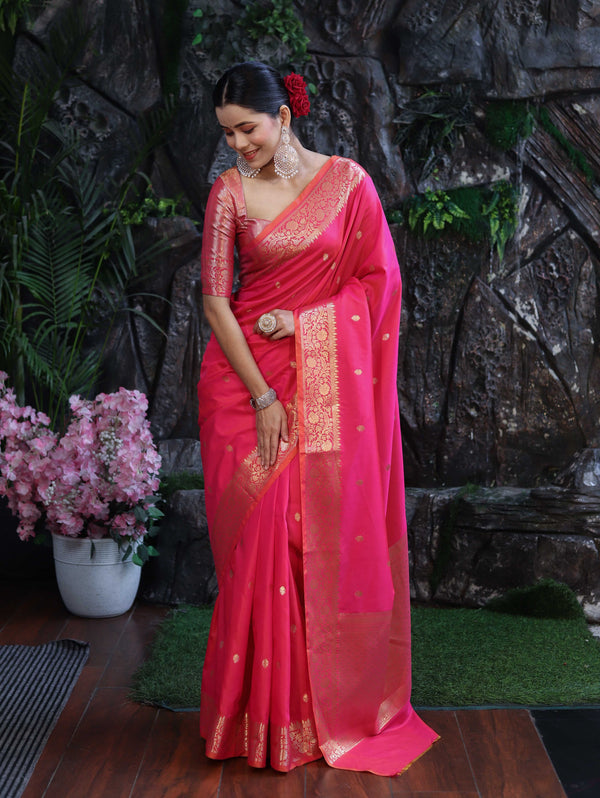 Banarasee Handloom Dual Shade Semi Silk Saree With Zari Buti Work & Border-Hot Pink