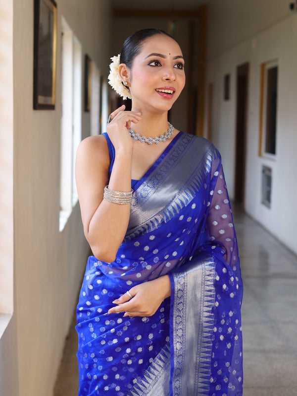 Banarasee Organza Mix Saree With Silver Zari Buti Design & Border-Royal Blue