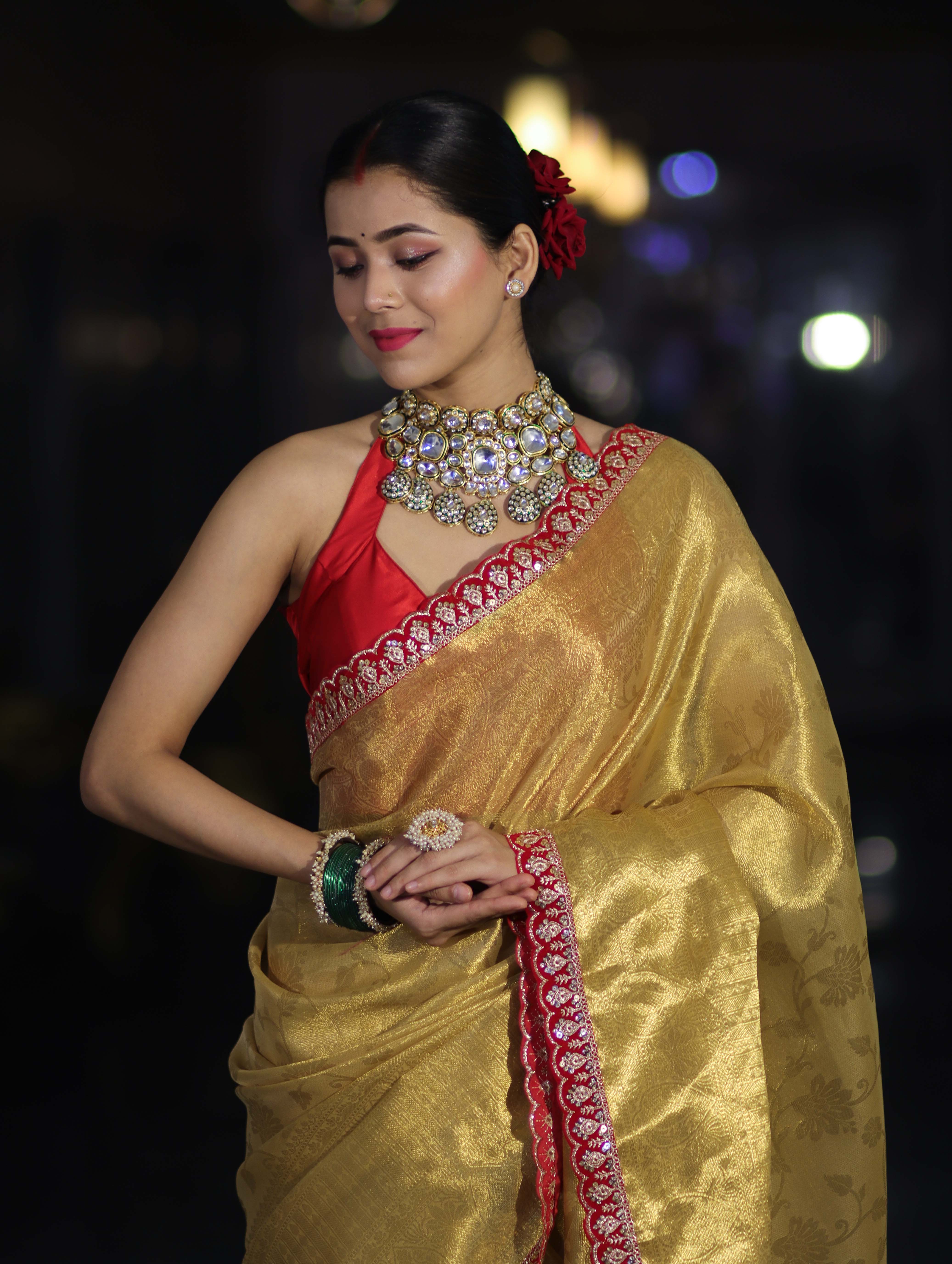 Banarasee Handwoven Tissue Saree With Zari Weaving Design & Lace-Golden Yellow