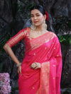 Banarasee Handloom Dual Shade Semi Silk Saree With Zari Buti Work & Border-Hot Pink