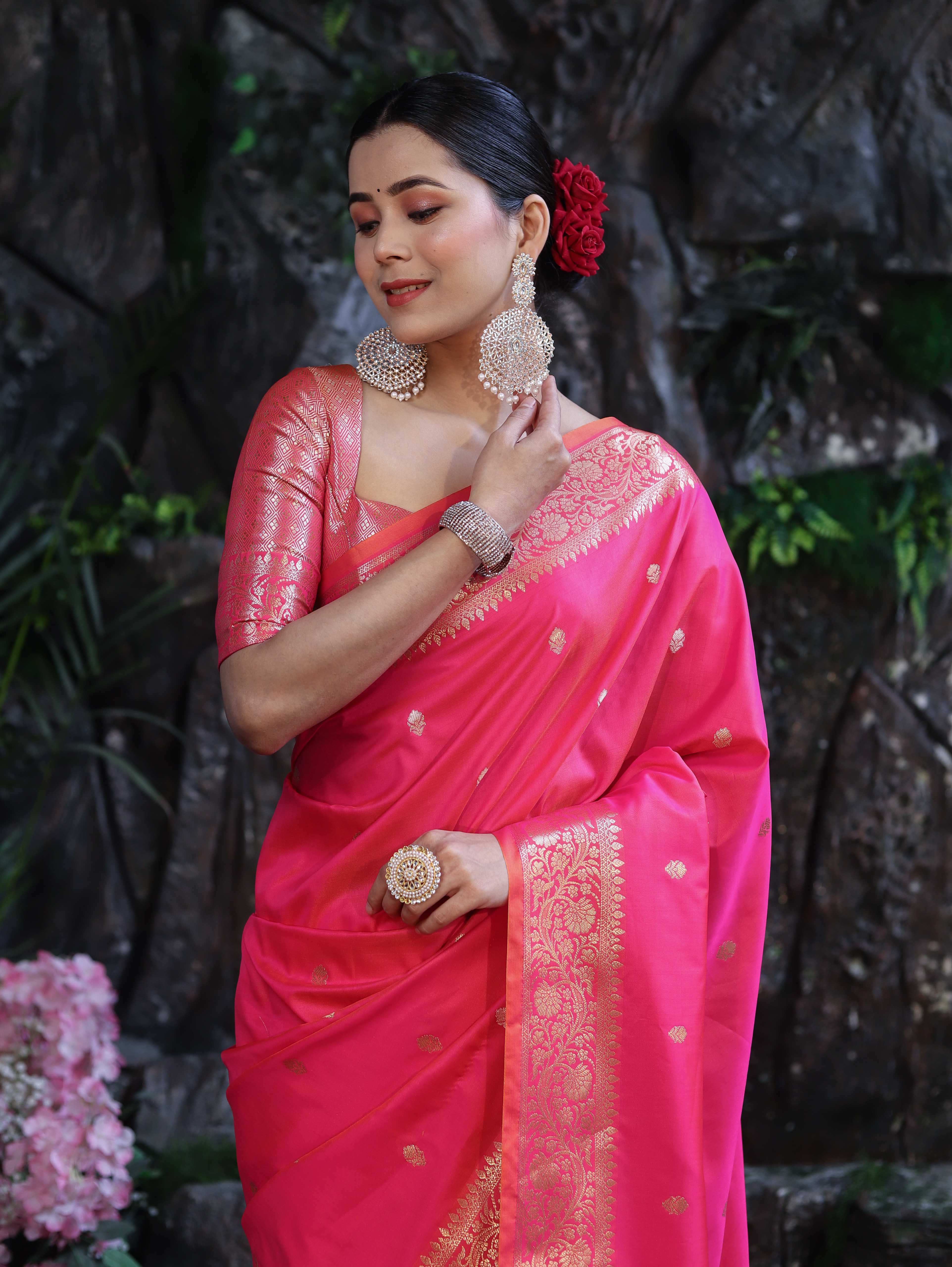 Banarasee Handloom Dual Shade Semi Silk Saree With Zari Buti Work & Border-Hot Pink