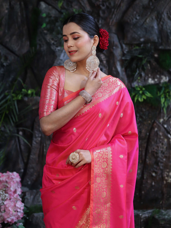 Banarasee Handloom Dual Shade Semi Silk Saree With Zari Buti Work & Border-Hot Pink