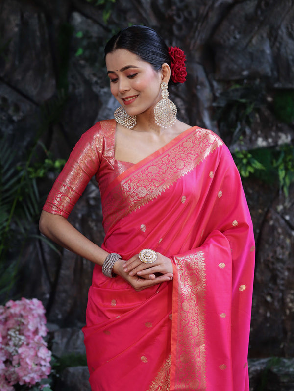 Banarasee Handloom Dual Shade Semi Silk Saree With Zari Buti Work & Border-Hot Pink