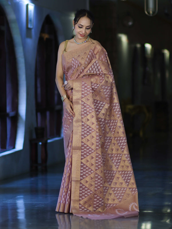 Banarasee Handloom Cotton Silk Saree With Zari & Resham Work-Peach