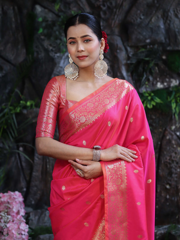 Banarasee Handloom Dual Shade Semi Silk Saree With Zari Buti Work & Border-Hot Pink