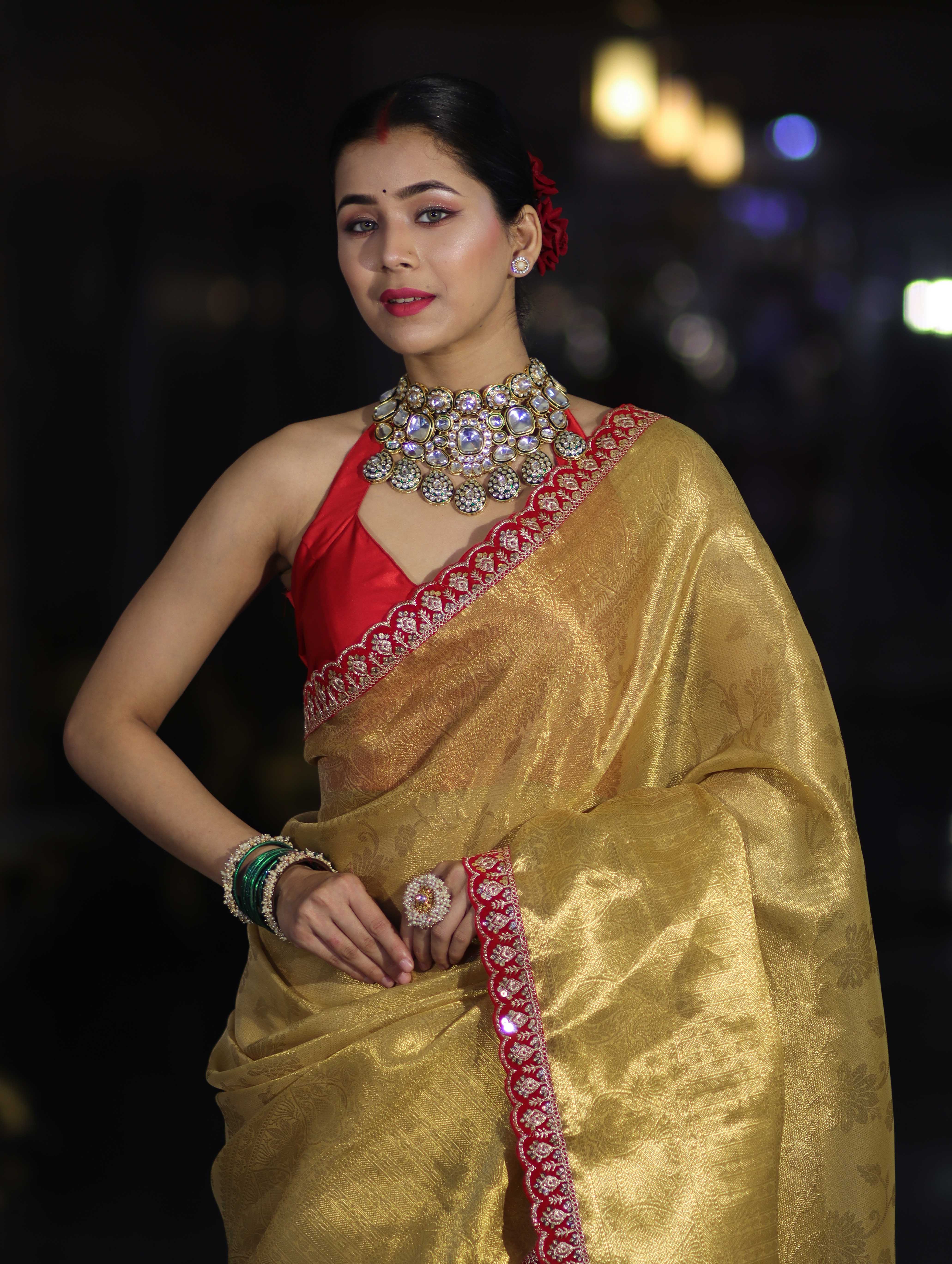 Banarasee Handwoven Tissue Saree With Zari Weaving Design & Lace-Golden Yellow