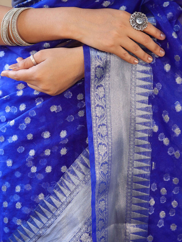 Banarasee Organza Mix Saree With Silver Zari Buti Design & Border-Royal Blue