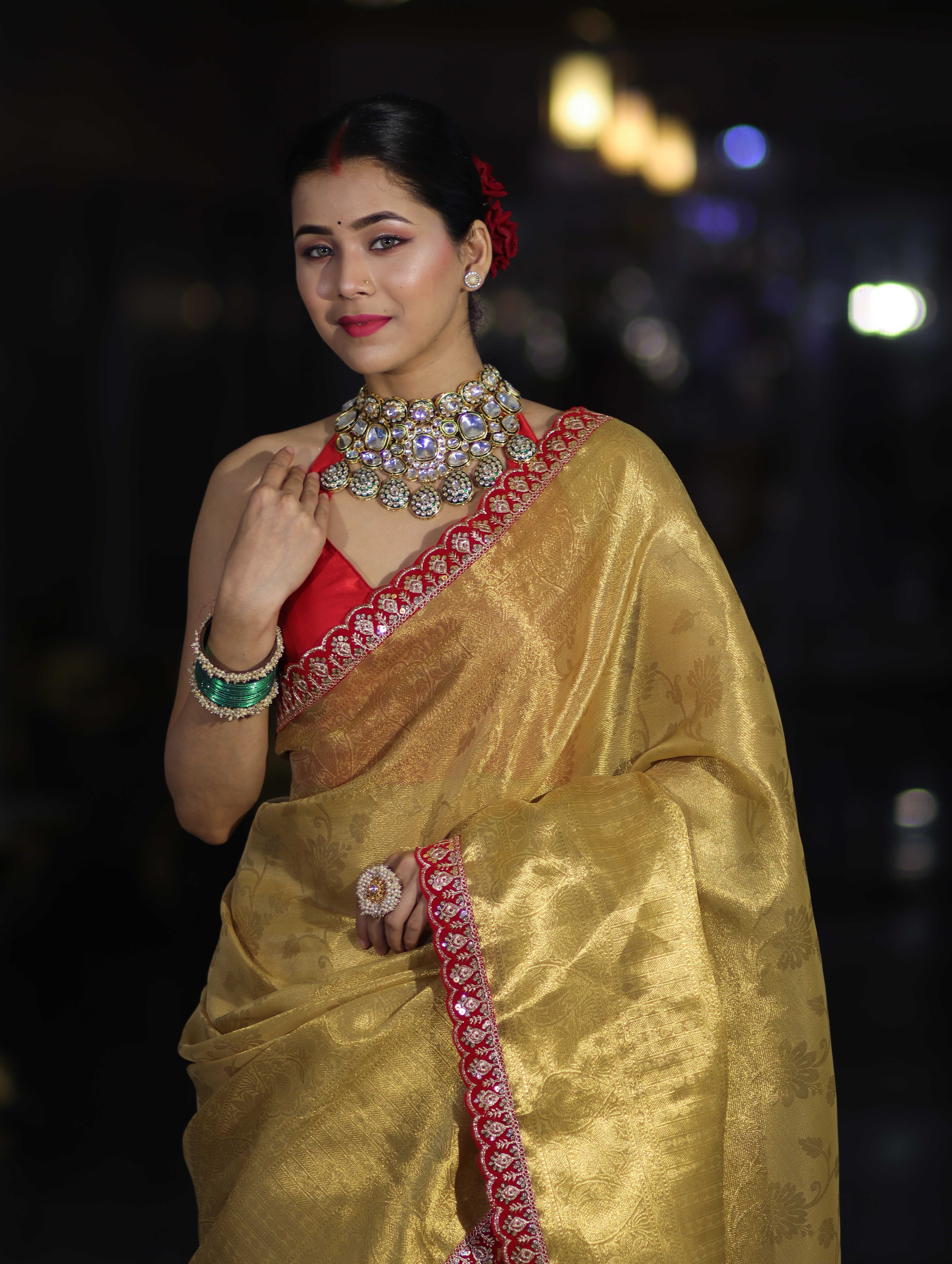 Banarasee Handwoven Tissue Saree With Zari Weaving Design & Lace-Golden Yellow