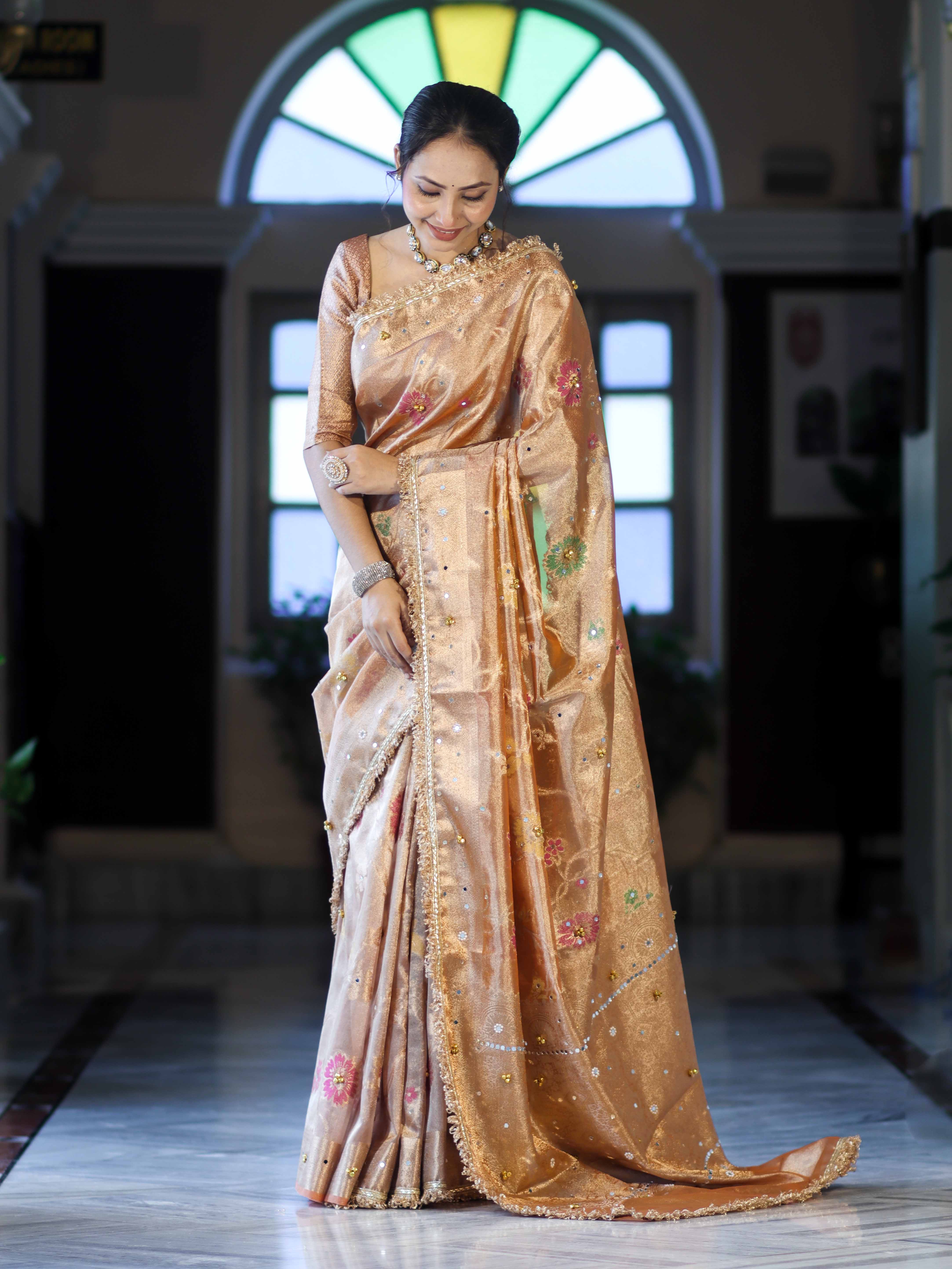 Banarasee Tissue Hand Embroidered Mirror Work Saree With Zari Resham & Ghungroo Work-Peach