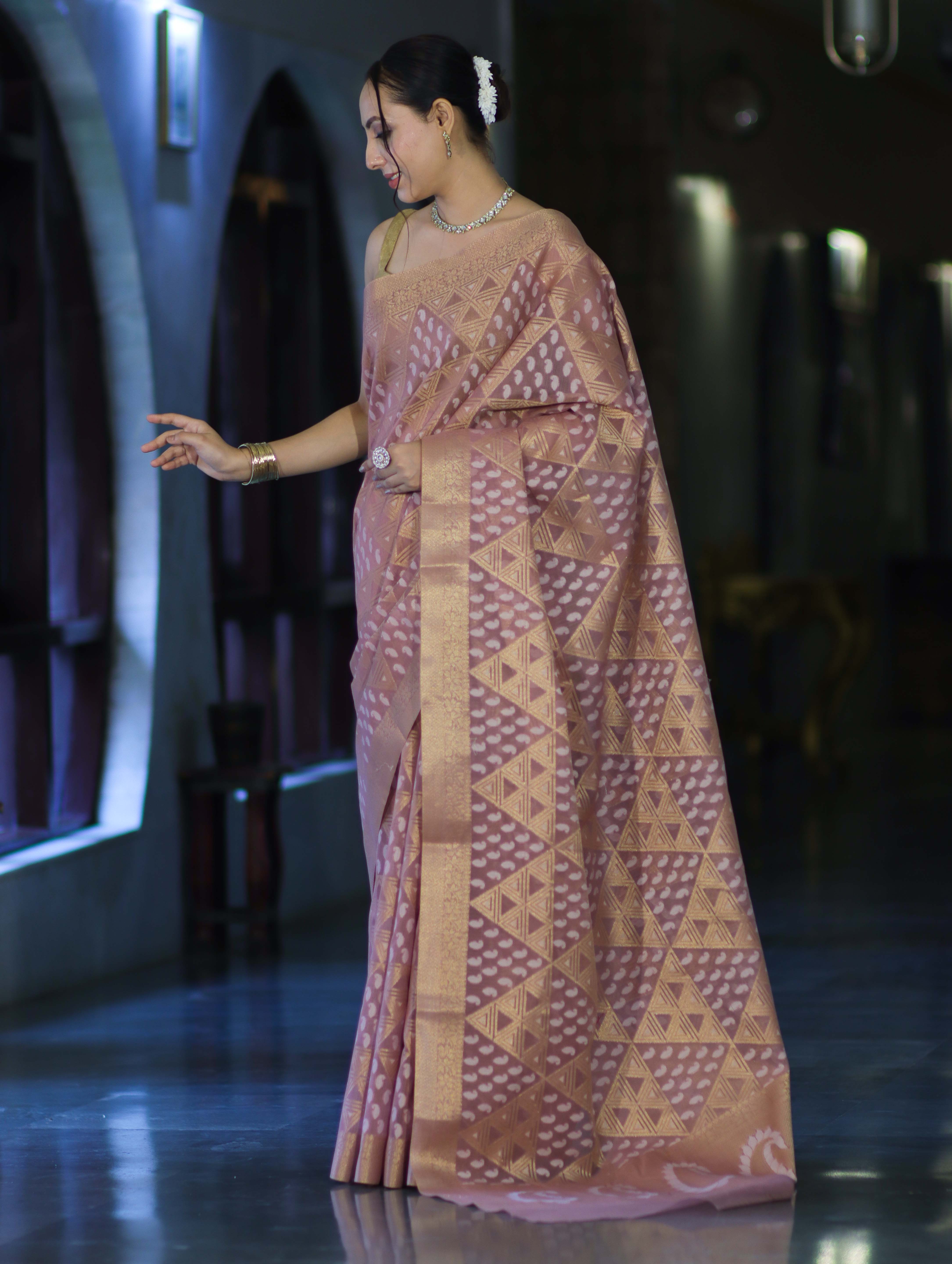 Banarasee Handloom Cotton Silk Saree With Zari & Resham Work-Peach