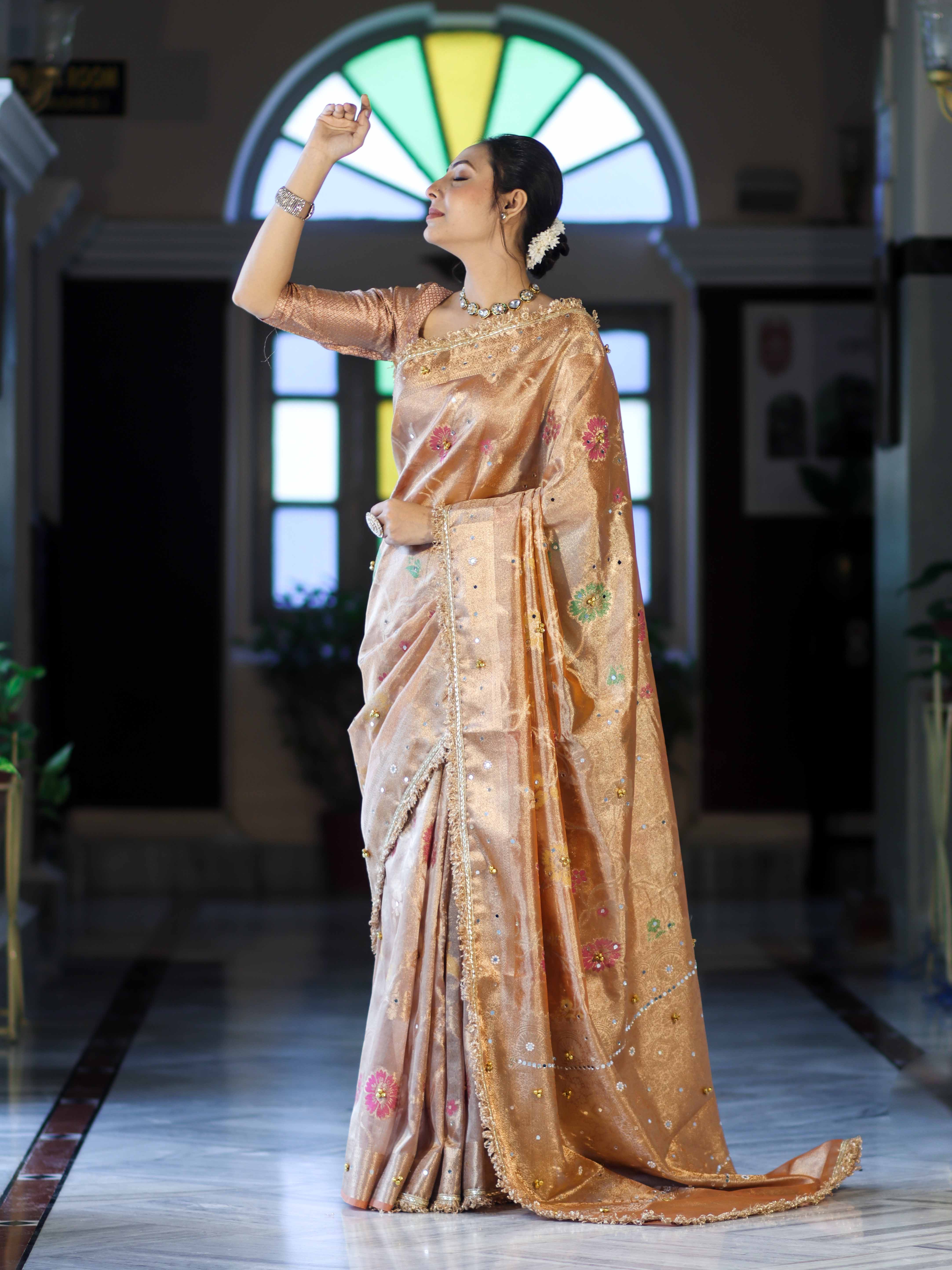 Banarasee Tissue Hand Embroidered Mirror Work Saree With Zari Resham & Ghungroo Work-Peach
