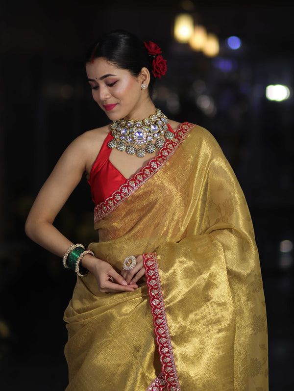 Banarasee Handwoven Tissue Saree With Zari Weaving Design & Lace-Golden Yellow