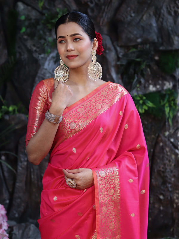 Banarasee Handloom Dual Shade Semi Silk Saree With Zari Buti Work & Border-Hot Pink