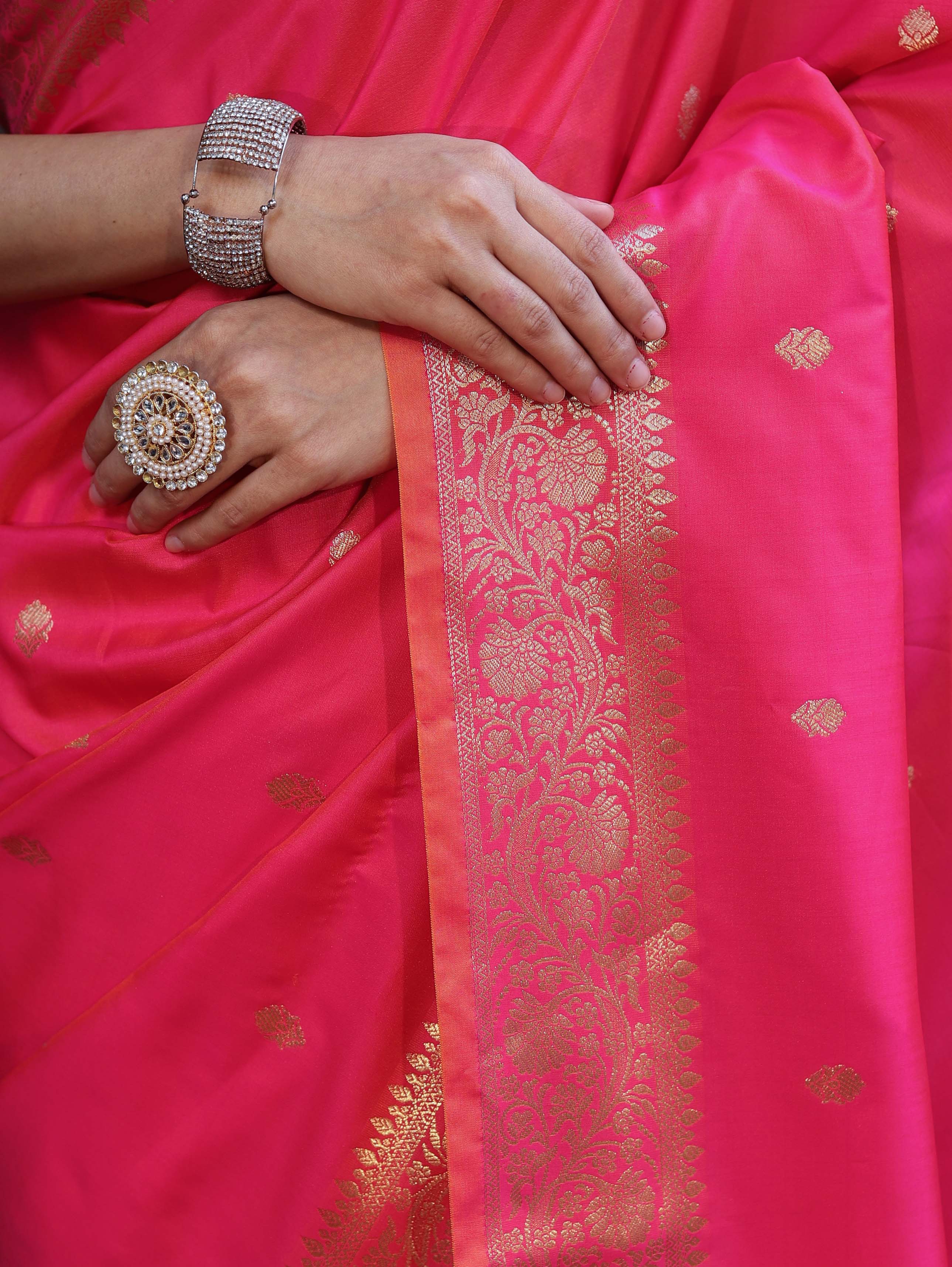 Banarasee Handloom Dual Shade Semi Silk Saree With Zari Buti Work & Border-Hot Pink