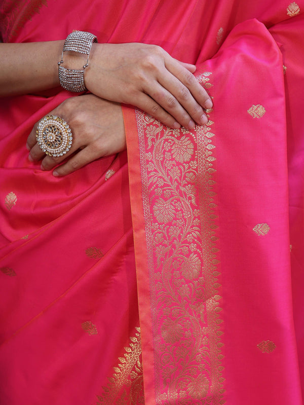 Banarasee Handloom Dual Shade Semi Silk Saree With Zari Buti Work & Border-Hot Pink