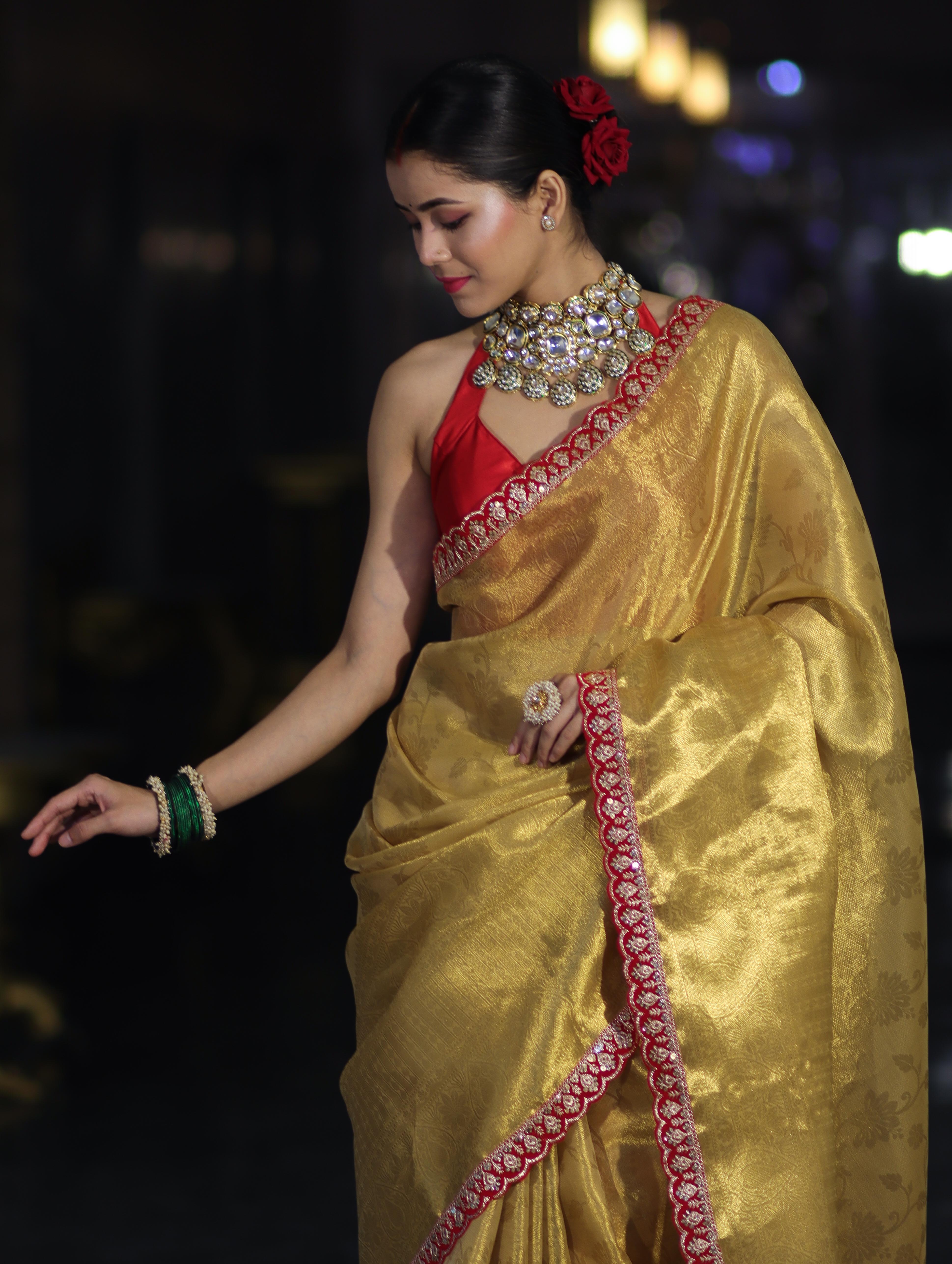 Banarasee Handwoven Tissue Saree With Zari Weaving Design & Lace-Golden Yellow