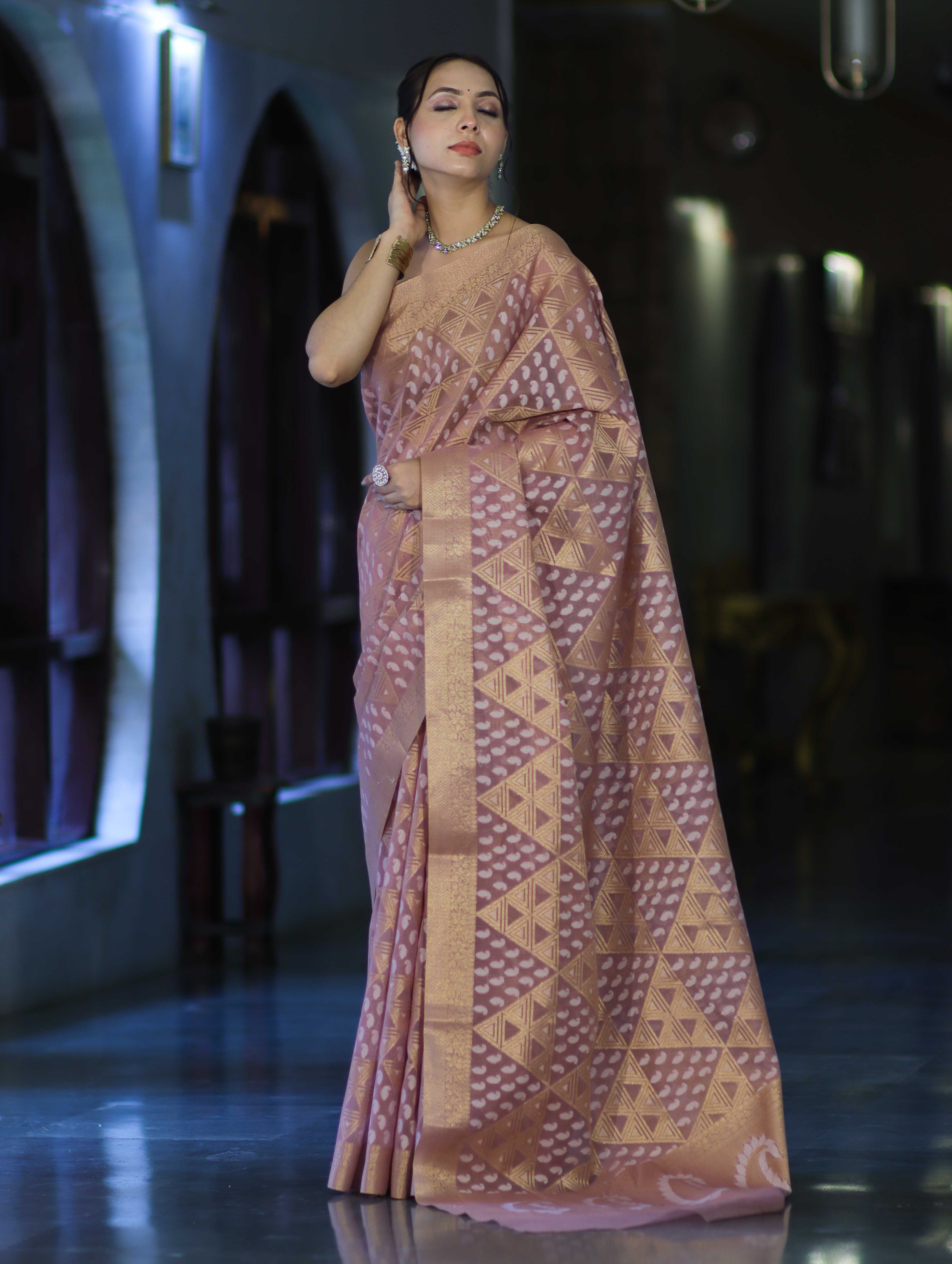 Banarasee Handloom Cotton Silk Saree With Zari & Resham Work-Peach