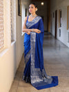 Banarasee Handwoven Plain Semi Silk Saree With Silver Zari Border-Cobalt Blue