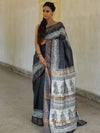 Bhagalpur Pure Handloom Tussar Silk Saree With Hand Block Print-Grey & White
