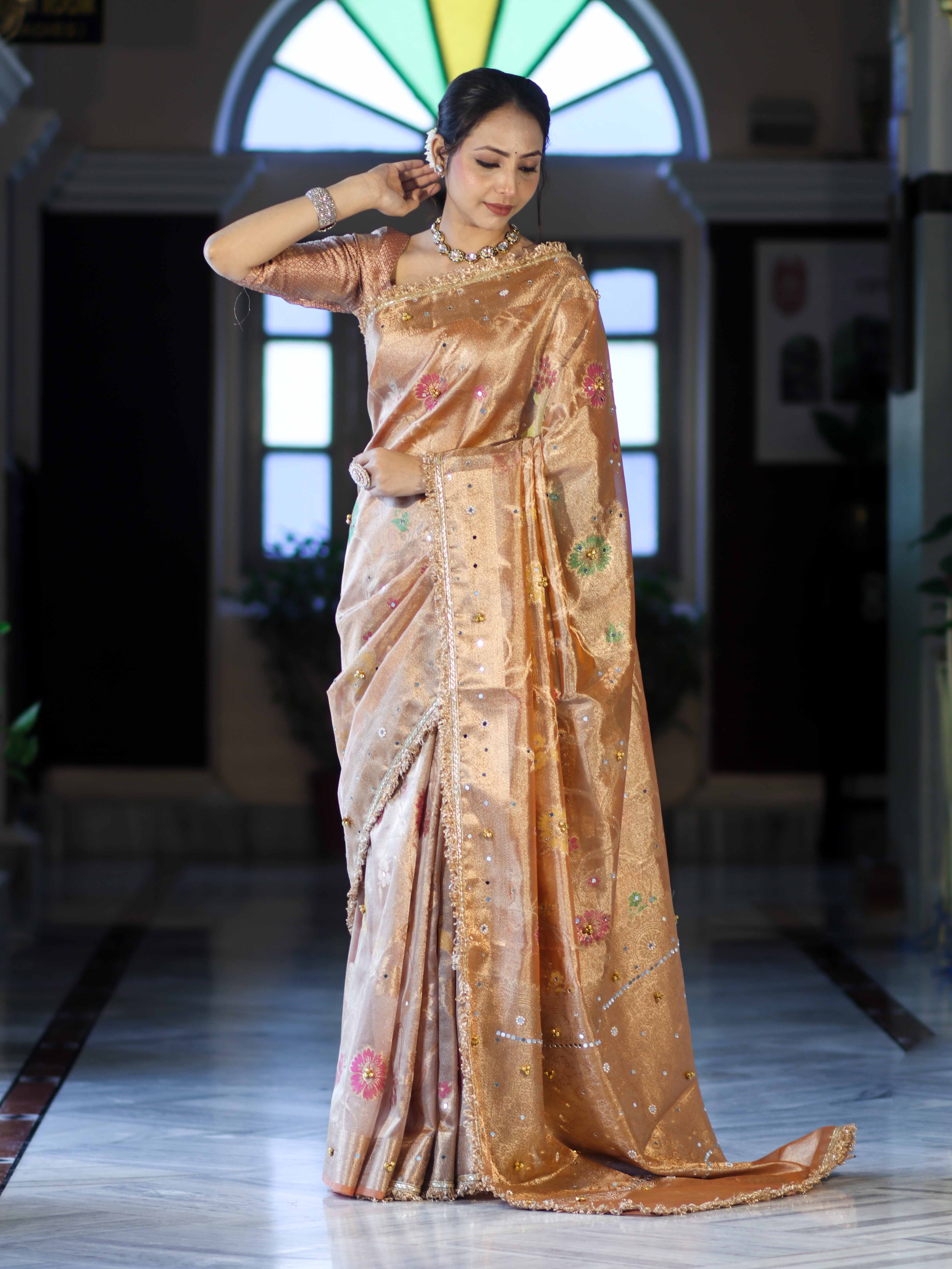 Banarasee Tissue Hand Embroidered Mirror Work Saree With Zari Resham & Ghungroo Work-Peach
