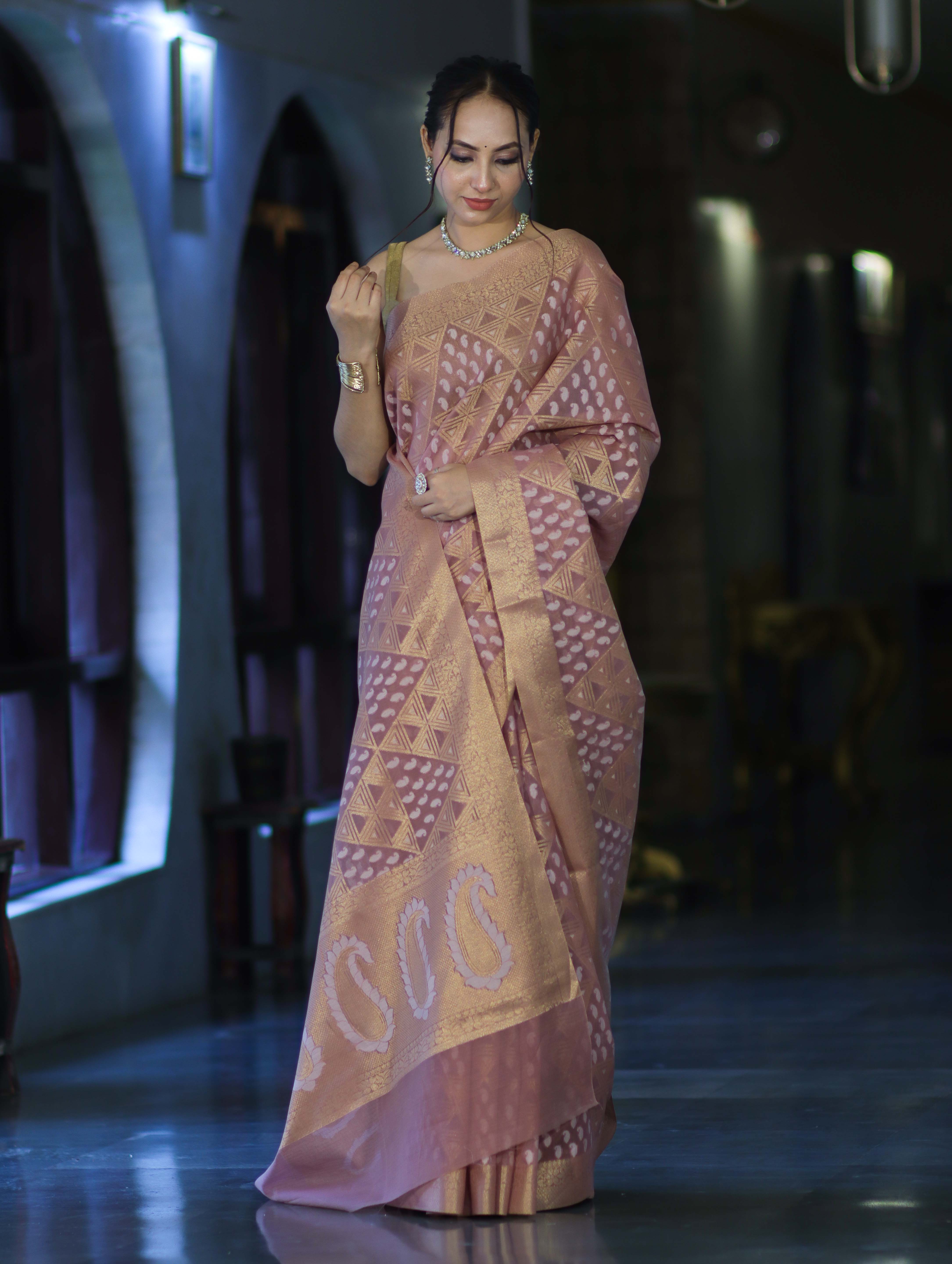 Banarasee Handloom Cotton Silk Saree With Zari & Resham Work-Peach