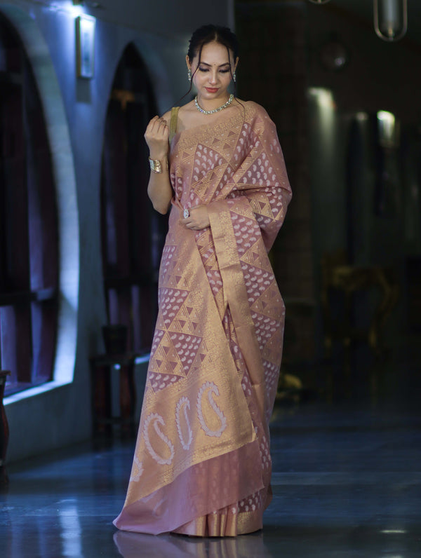 Banarasee Handloom Cotton Silk Saree With Zari & Resham Work-Peach