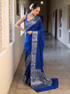 Banarasee Handwoven Plain Semi Silk Saree With Silver Zari Border-Cobalt Blue