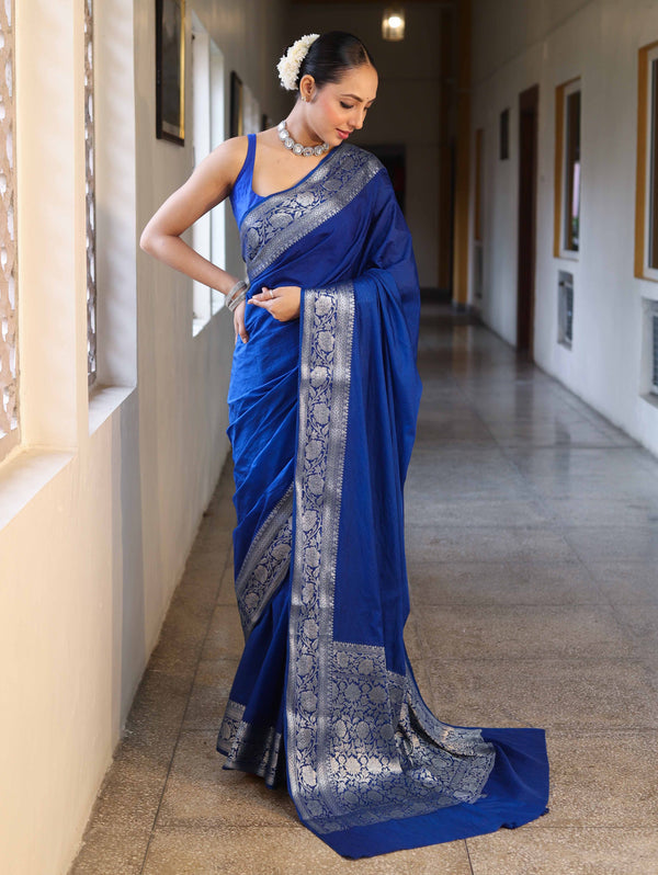 Banarasee Handwoven Plain Semi Silk Saree With Silver Zari Border-Cobalt Blue