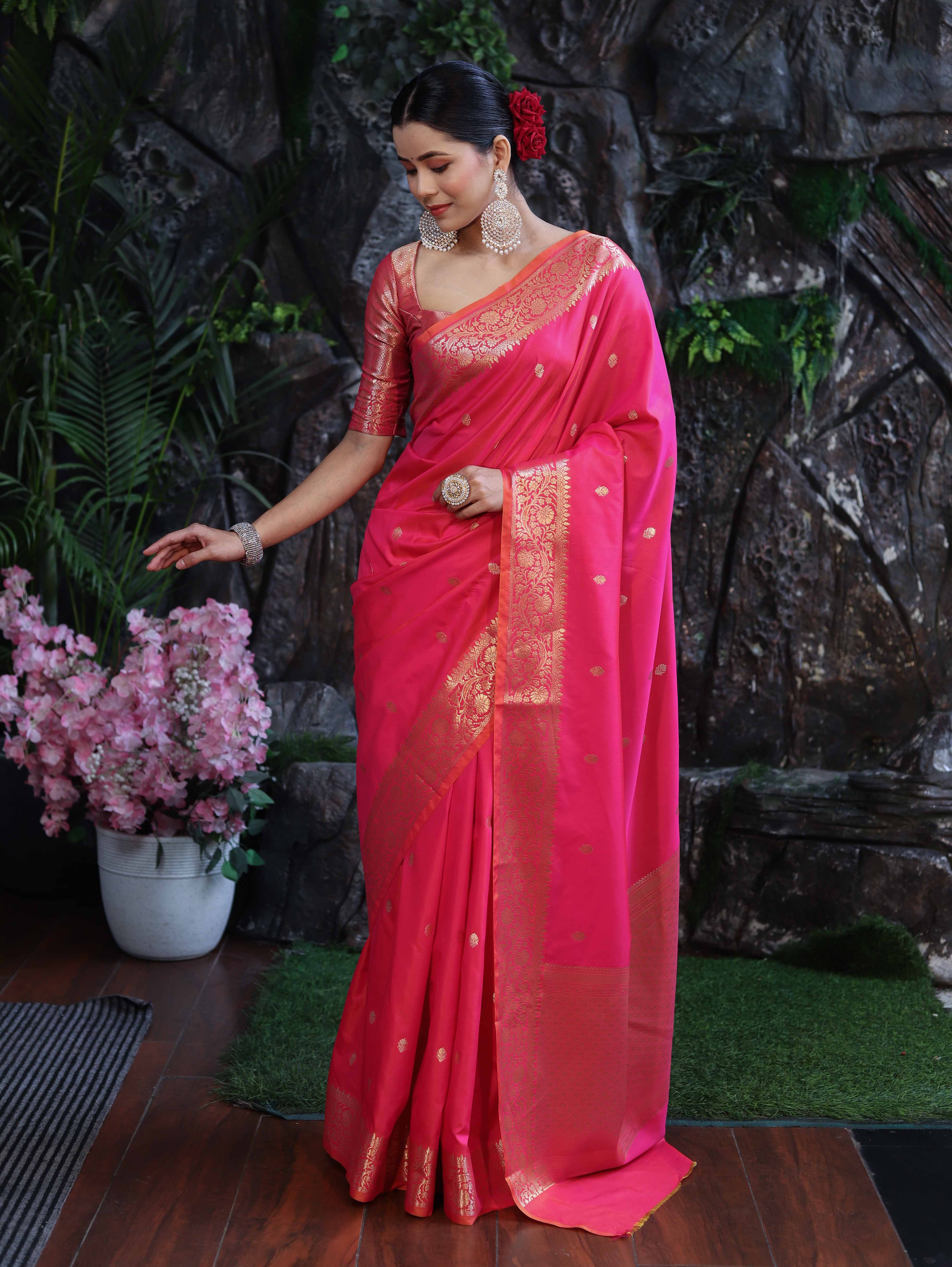 Banarasee Handloom Dual Shade Semi Silk Saree With Zari Buti Work & Border-Hot Pink