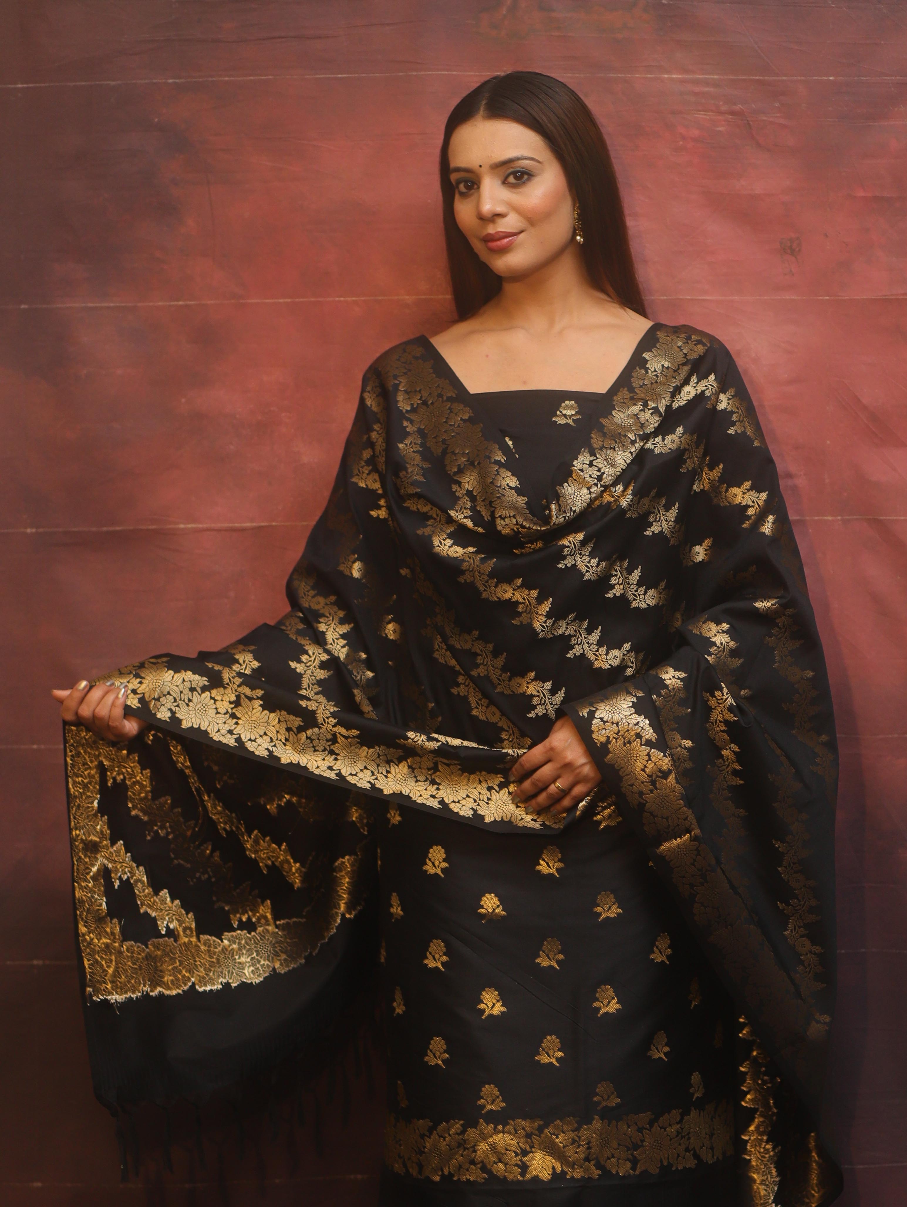 Banarasee Semi-Silk Salwar Kameez Fabric With Dupatta Set-Black