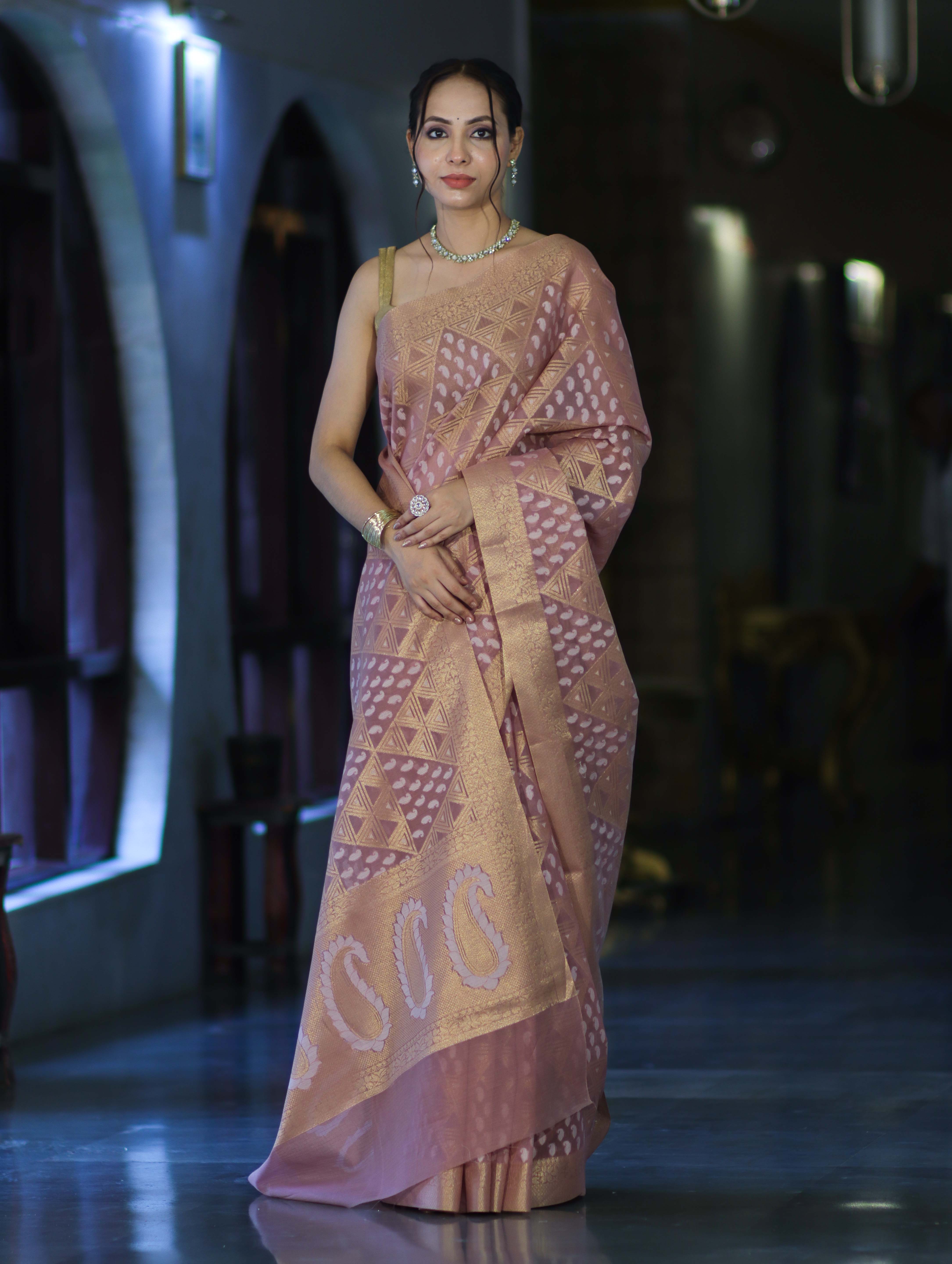 Banarasee Handloom Cotton Silk Saree With Zari & Resham Work-Peach