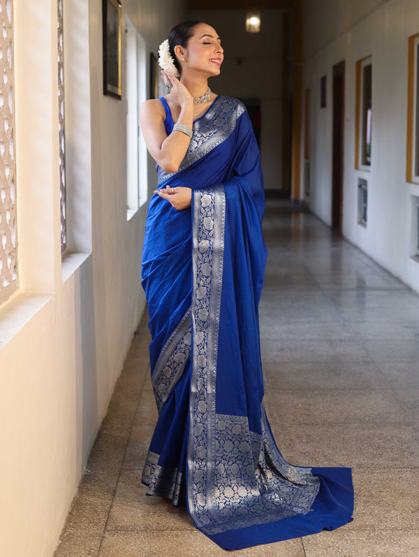 Banarasee Handwoven Plain Semi Silk Saree With Silver Zari Border-Cobalt Blue