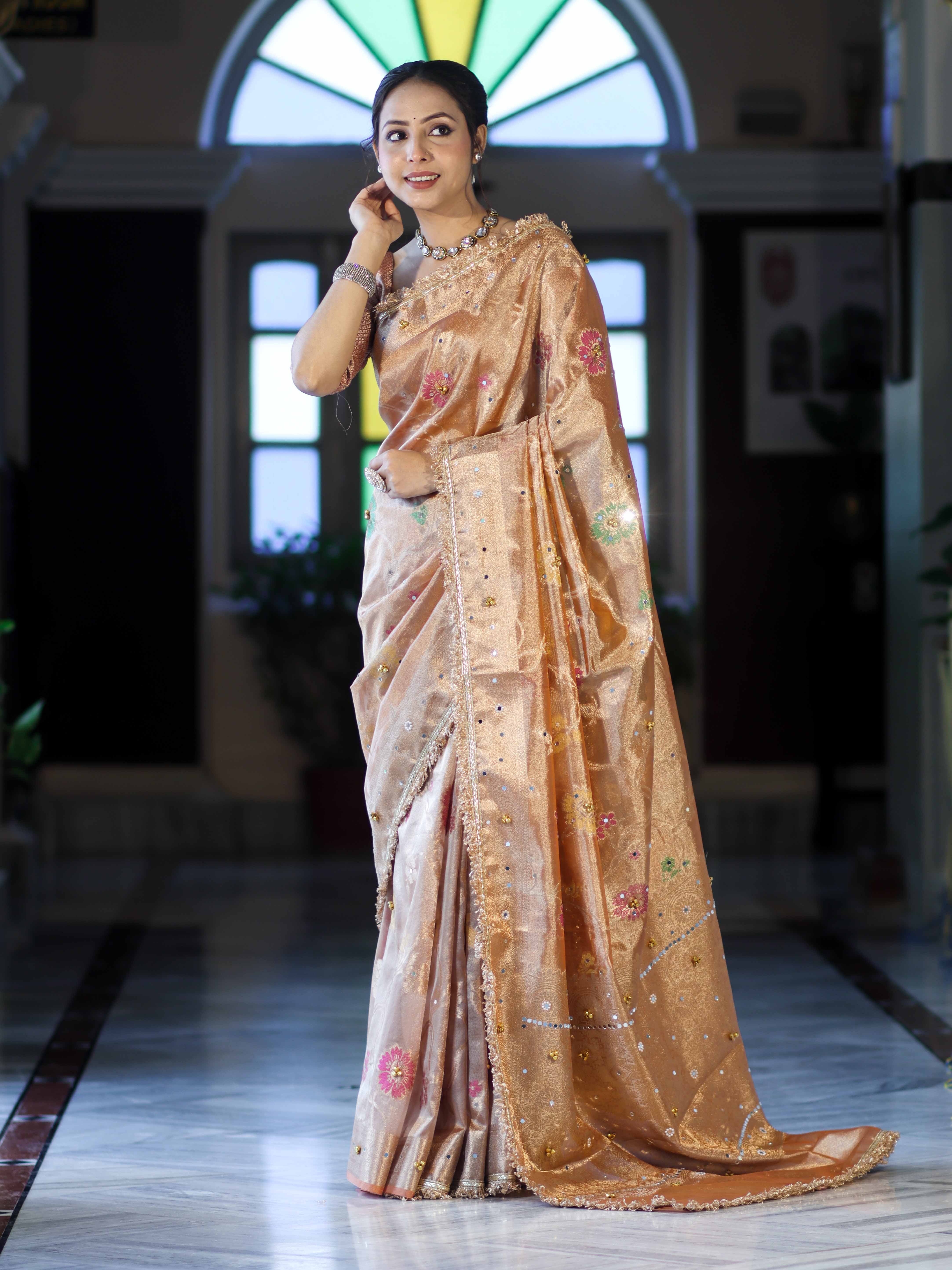 Banarasee Tissue Hand Embroidered Mirror Work Saree With Zari Resham & Ghungroo Work-Peach