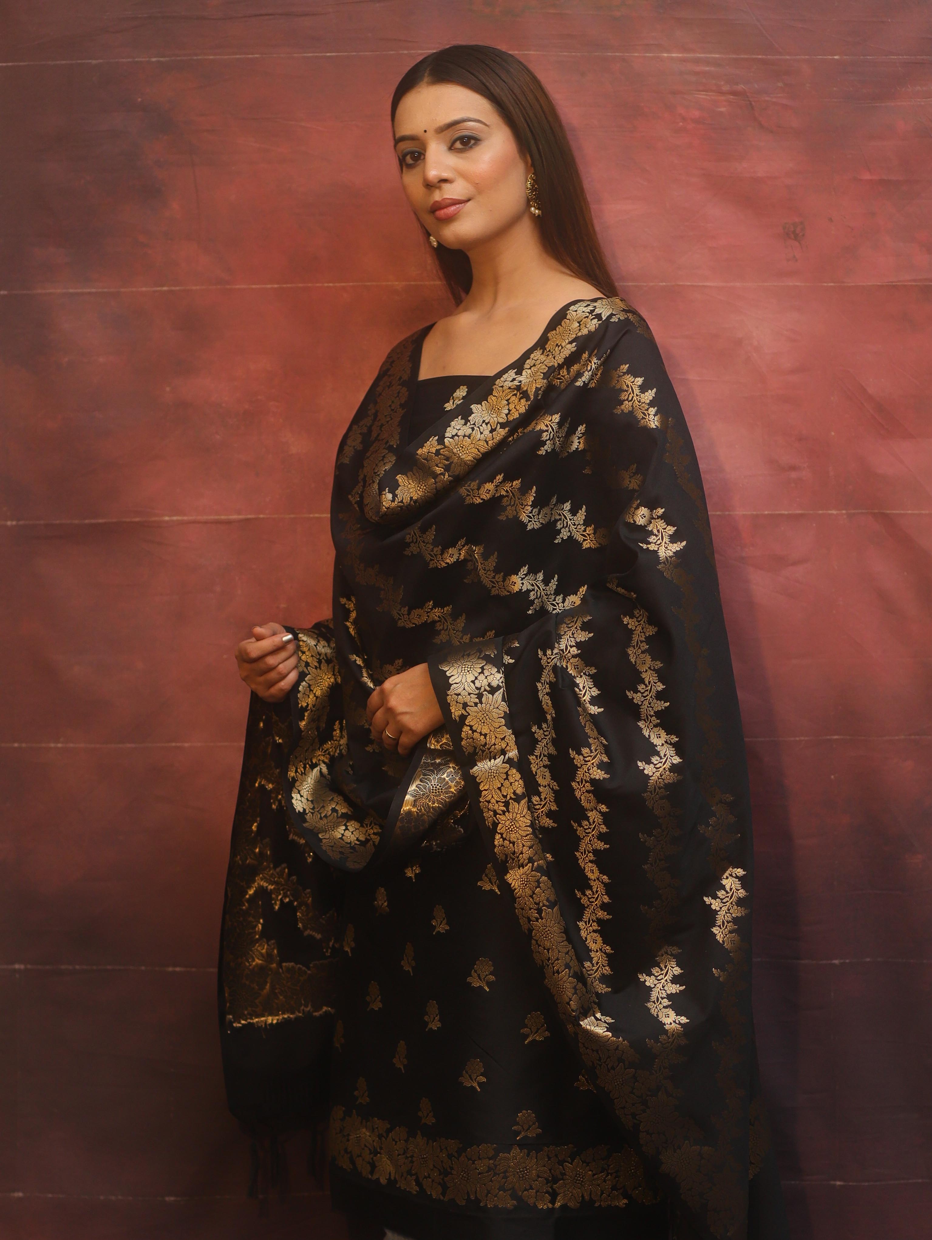Banarasee Semi-Silk Salwar Kameez Fabric With Dupatta Set-Black