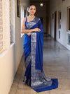 Banarasee Handwoven Plain Semi Silk Saree With Silver Zari Border-Cobalt Blue