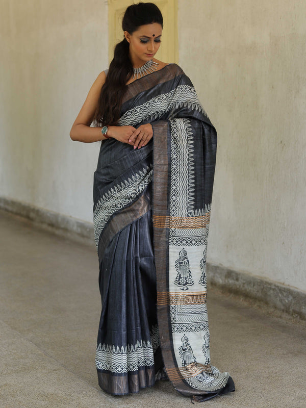 Bhagalpur Pure Handloom Tussar Silk Saree With Hand Block Print-Grey & White