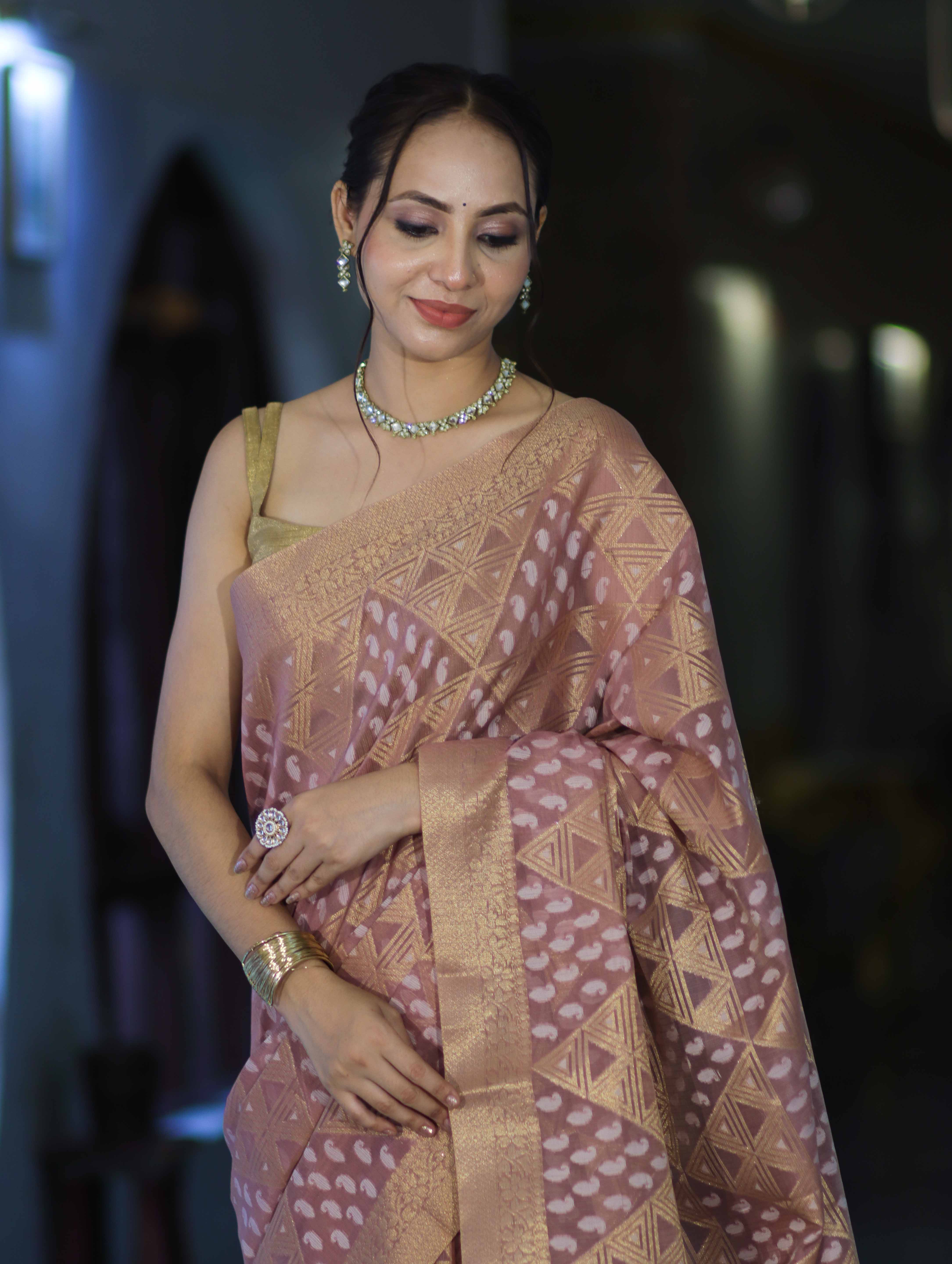 Banarasee Handloom Cotton Silk Saree With Zari & Resham Work-Peach