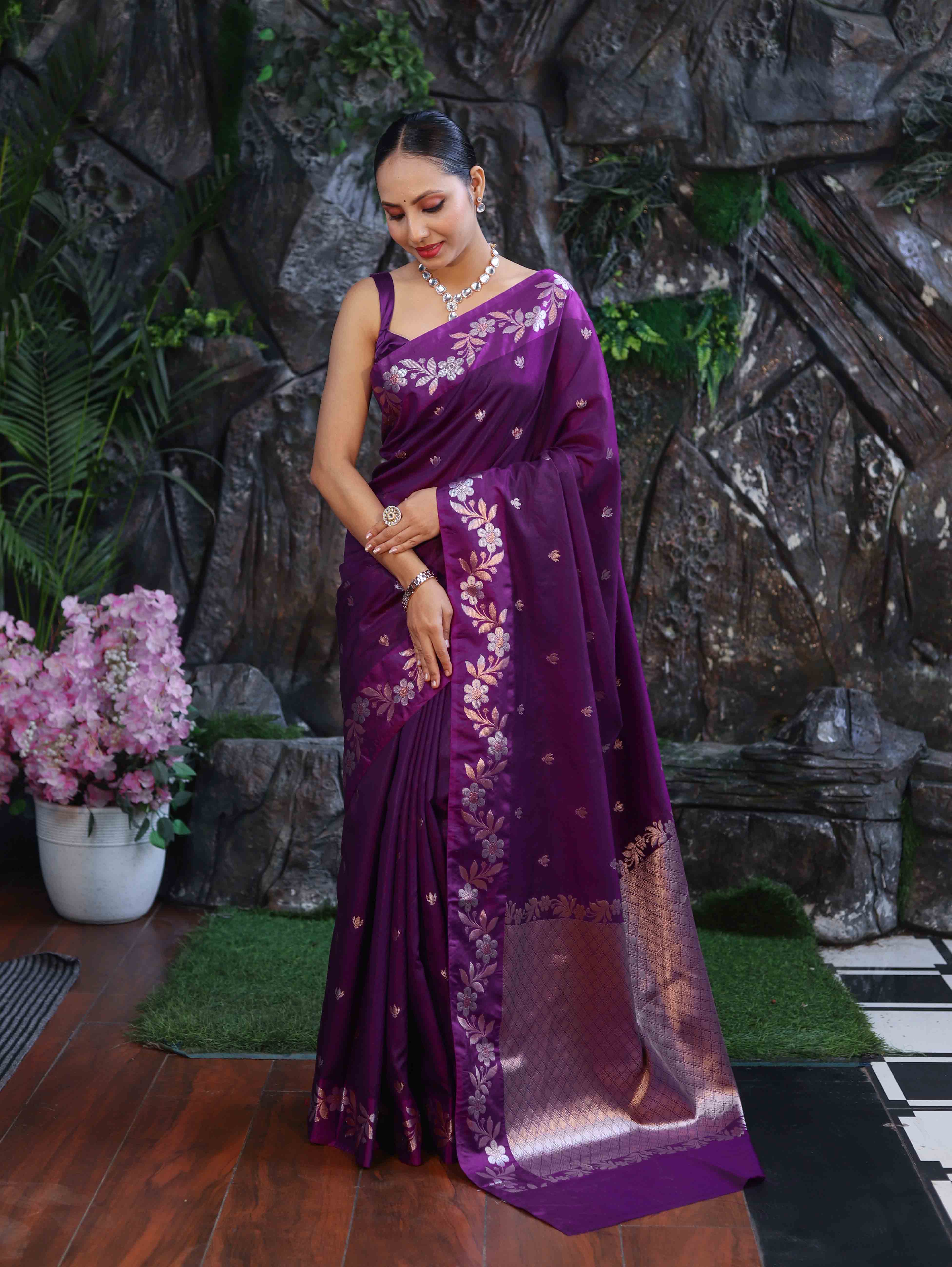 Banarasee Handloom Semi Silk Saree With Sona Rupa Zari Buti Design & Floral Border-Purple