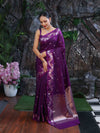 Banarasee Handloom Semi Silk Saree With Sona Rupa Zari Buti Design & Floral Border-Purple