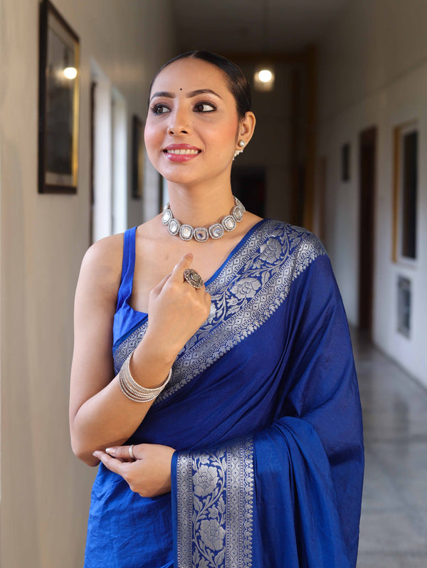 Banarasee Handwoven Plain Semi Silk Saree With Silver Zari Border-Cobalt Blue