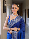 Banarasee Handwoven Plain Semi Silk Saree With Silver Zari Border-Cobalt Blue