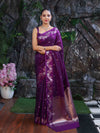Banarasee Handloom Semi Silk Saree With Sona Rupa Zari Buti Design & Floral Border-Purple