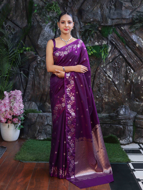 Banarasee Handloom Semi Silk Saree With Sona Rupa Zari Buti Design & Floral Border-Purple