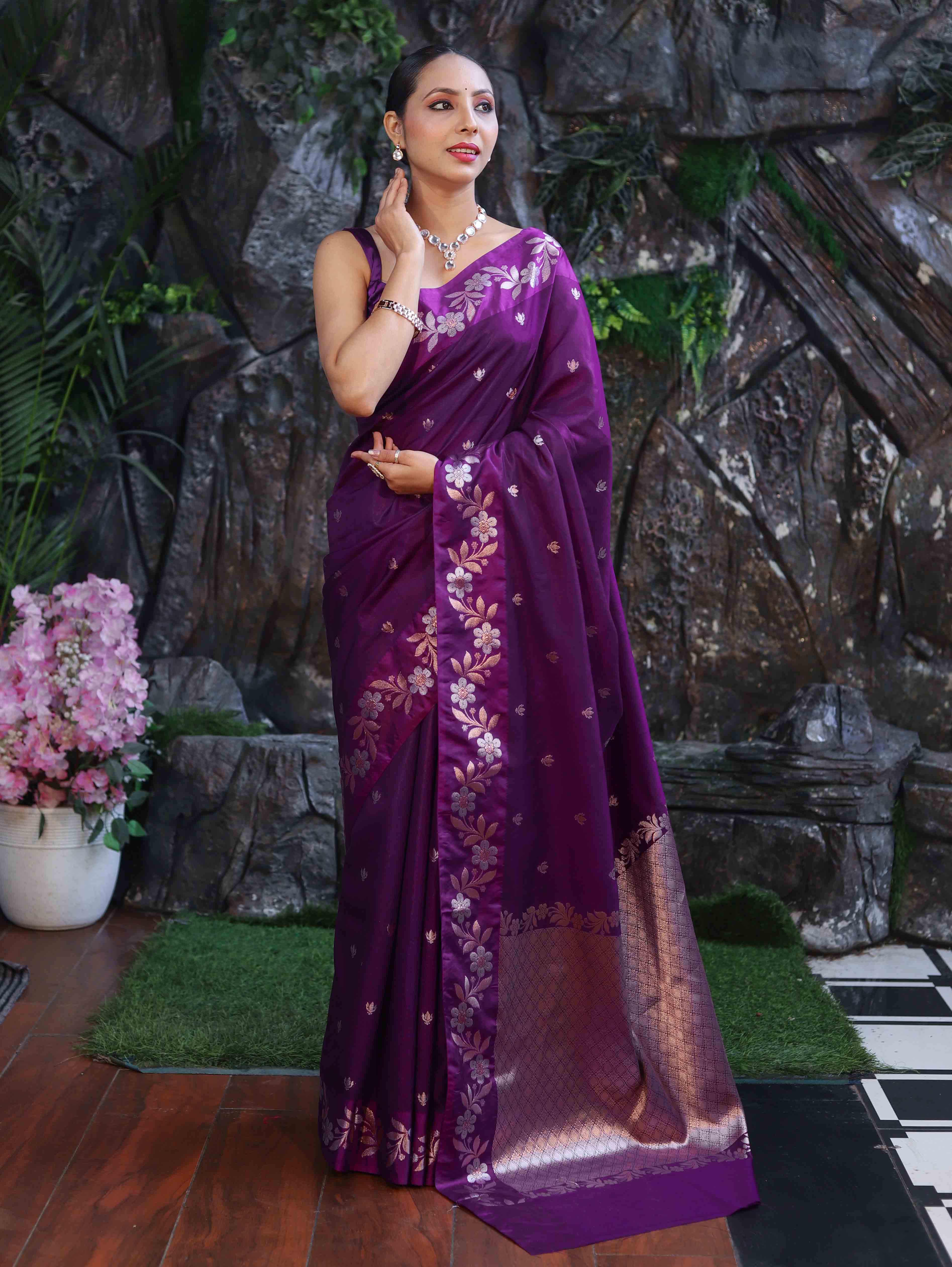 Banarasee Handloom Semi Silk Saree With Sona Rupa Zari Buti Design & Floral Border-Purple