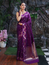 Banarasee Handloom Semi Silk Saree With Sona Rupa Zari Buti Design & Floral Border-Purple