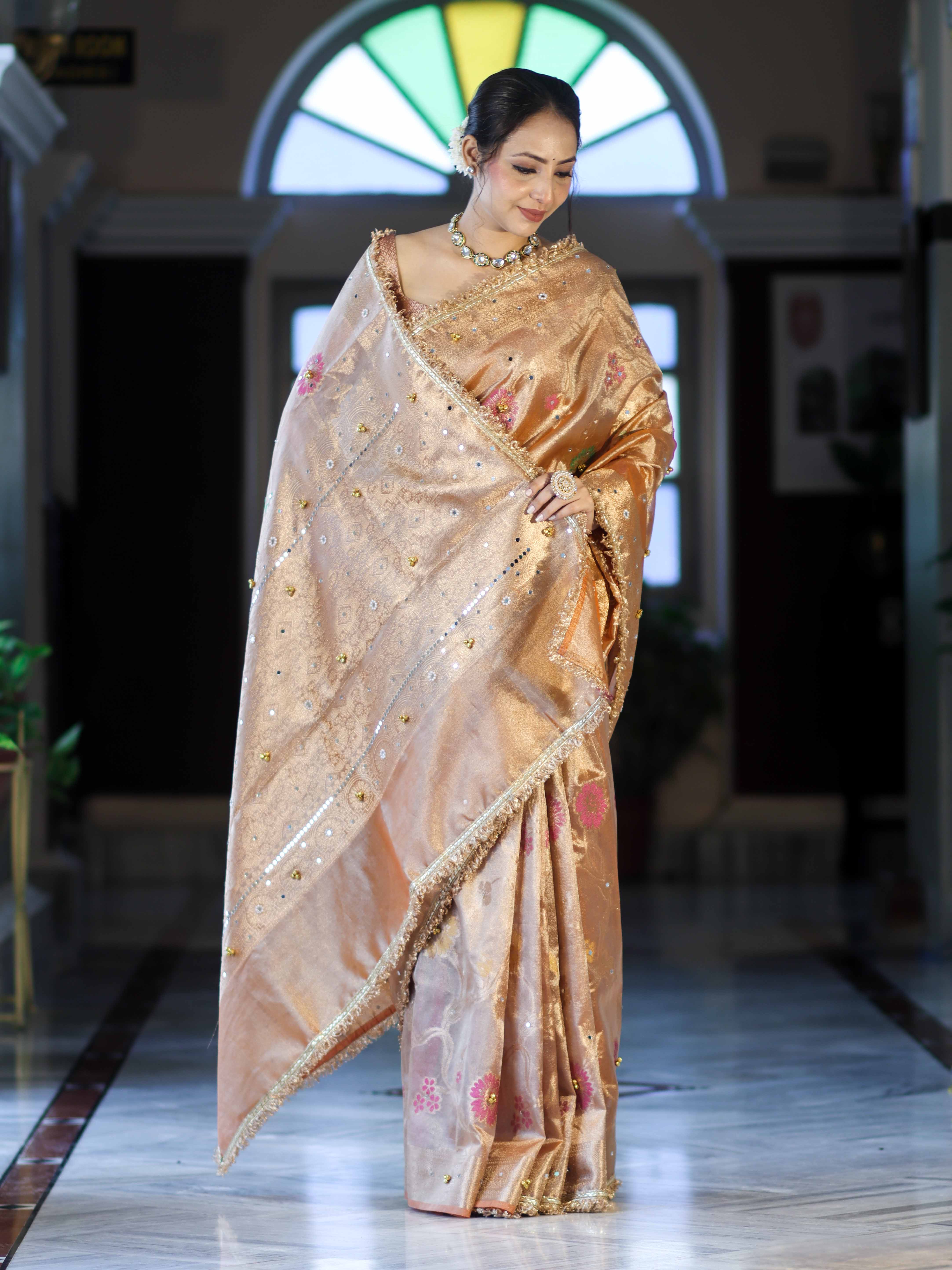 Banarasee Tissue Hand Embroidered Mirror Work Saree With Zari Resham & Ghungroo Work-Peach
